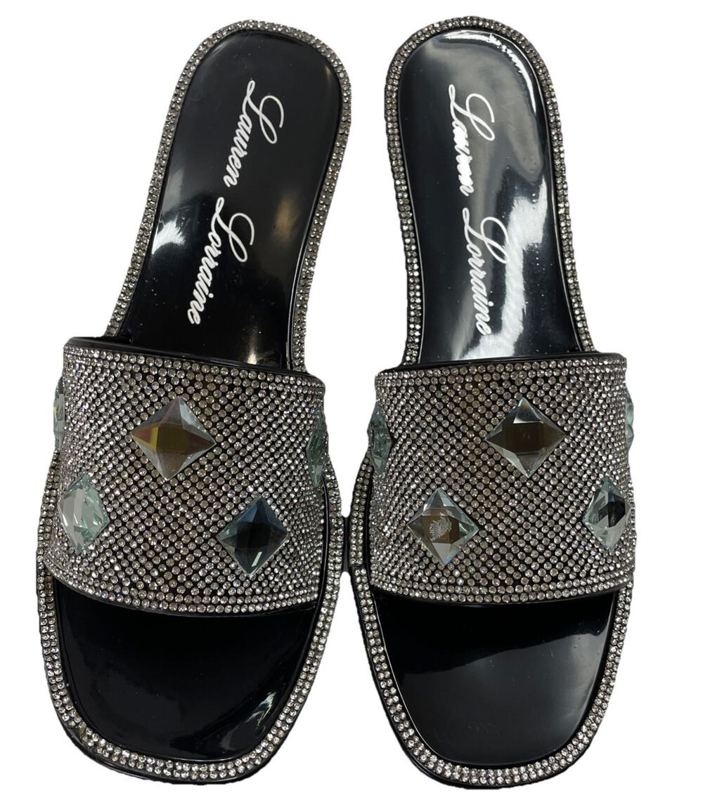Lauren Lorraine Bianca Jelly Flip Flops Rhinestone Embellished Black Sz 9.5